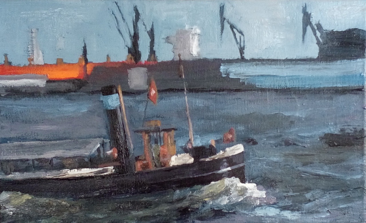 Gemälde Meer - Hamburger Hafen von Clemens Groth, 2018, Acryllack auf Leinwand, 60x45cm