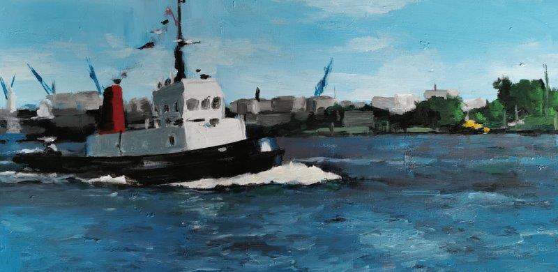 Ölgemälde Meer: Hamburger Hafen 2 - Stadtansichten von Clemens Groth, 2023, Acryl auf Leinwand, 60x45cm