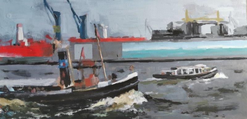 Original Gemälde Meer: Hamburger Hafen 3 - Maritime Kunst von Clemens Groth, 2023, Acryl auf Holz, 40x70cm
