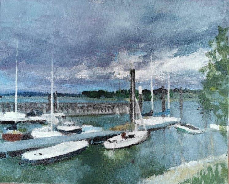 Gemälde Meer: Altländer Yacht Club mit Segelbooten - Maritime Kunst von Clemens Groth, 2025, Acryl auf Holz, 40x60cm. Handgemalt in Stade.